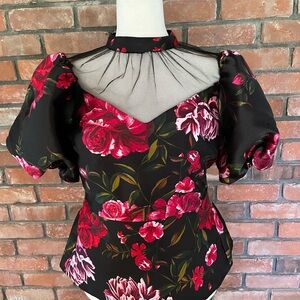 7th Avenue Design Black and Red Floral Lacey Blouse, Sz M